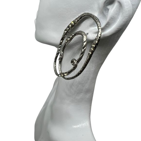 Vintage Silver Spiral Statement Earring - Abstract Hammered Metal with Crystals - Picture 2 of 8